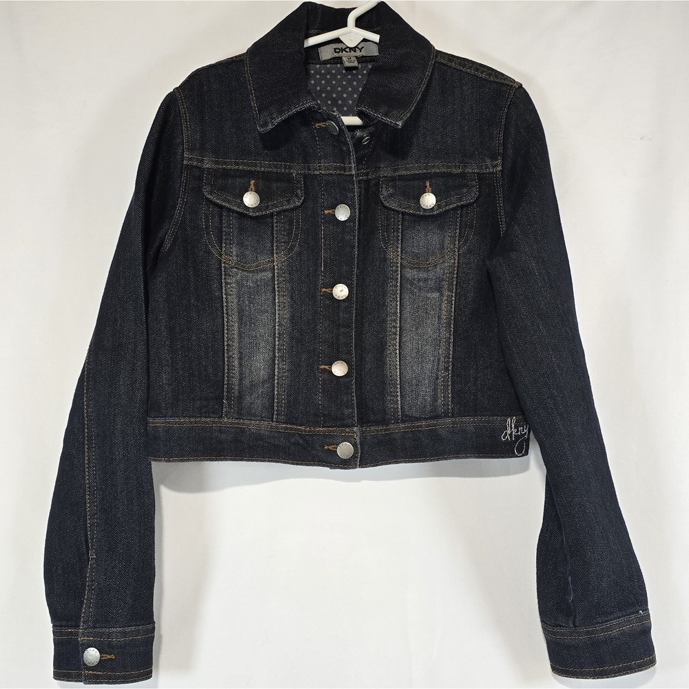 DKNY Girl's Cropped Denim Jacket size Medium Dark Wash Button‎ Front Jean Jacket